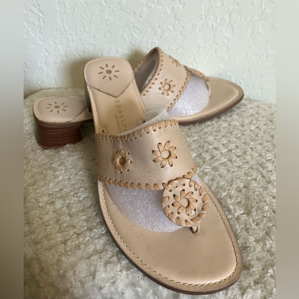 Apostrophe Jaclyn Flip Flops CreamTan Leather Block Heel Sandal Boho Aztec Sz9